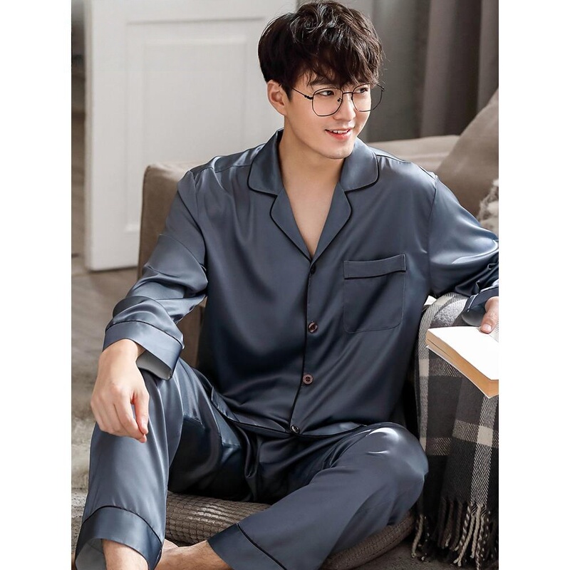 Victoria Large Size Mulberry Silk Pajamas Men's Summer Long-Sleeved Silk Men's Home Wear Thin Set
