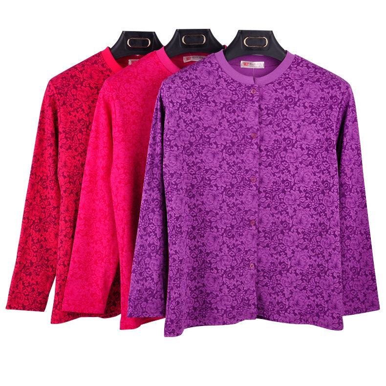 Middle-aged fat plus-size autumn coat cardigan women's cotton single autumn coat placket Old lady buckle open body outside wearing red