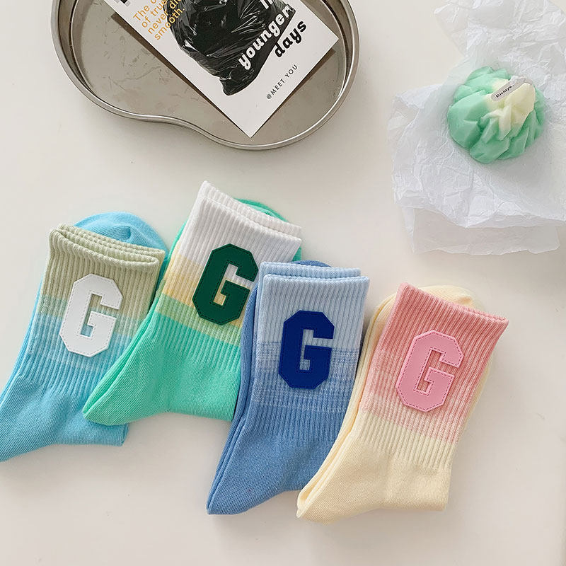 Personality Net Red Letters G Asymptomic Color Socks Female Summer Pure Cotton Thin middle cylinder Sox Korea Chains Tide Sports Long Cylinder