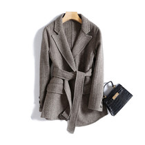 Day-series herringbone tattoo handmade double face cashmere big coat autumn new collection waist belt with slim and small fur coats women