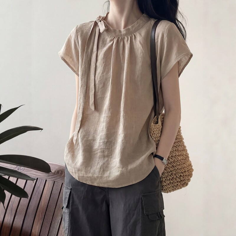 Japanese Style Age-Reducing Bow-Tie Short-Sleeved Babydoll Shirt for Women, Summer Loose Casual Lazy Style Cotton and Linen Shirt Top