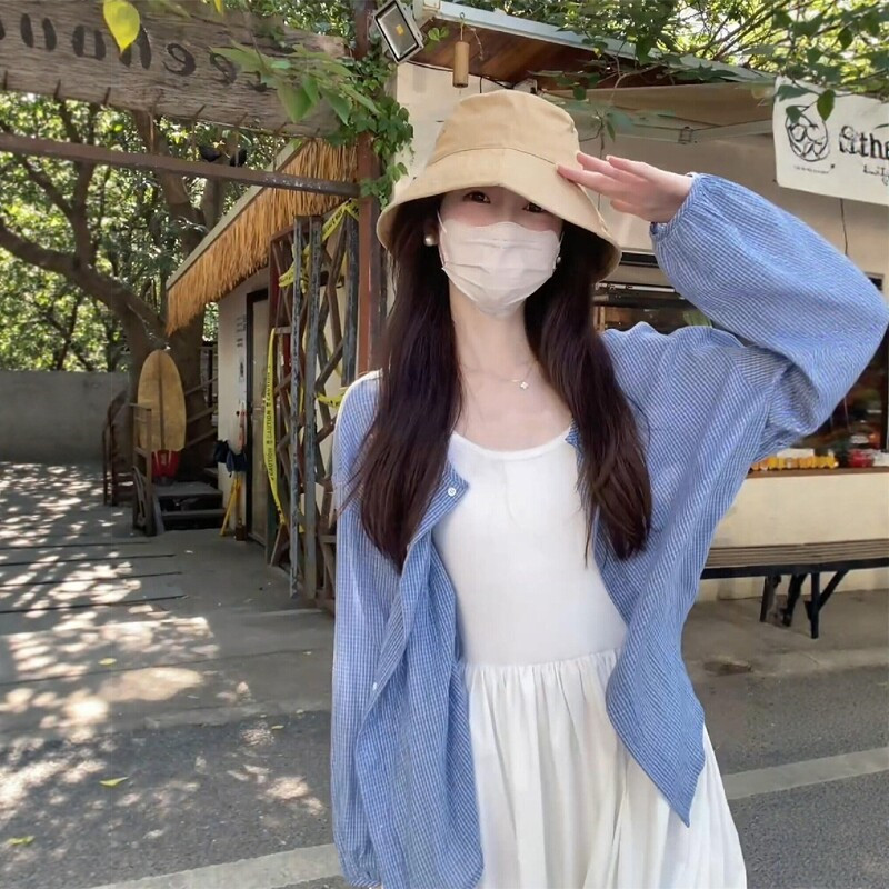 Southern French Pastoral Blue Plaid Thin Sun Protection Shirt for Women, Summer Lazy Vacation Style Casual Outerwear Cardigan Top