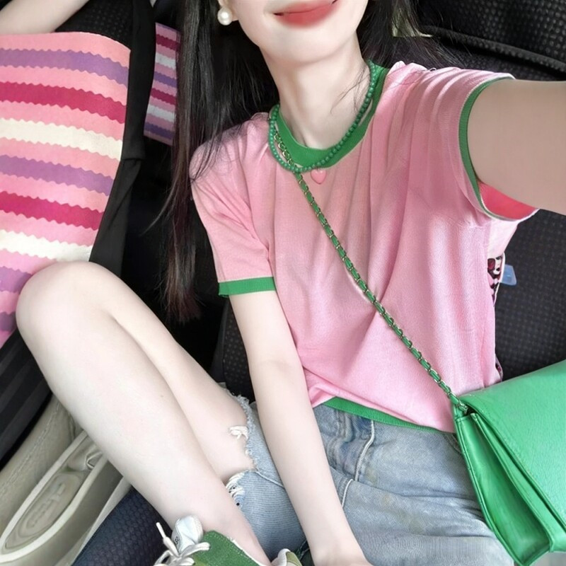 Dopamine Pink Age-Reducing Round Neck Short-Sleeved T-Shirt for Women, Summer Design, Loose and Lazy Style, Slimming Top