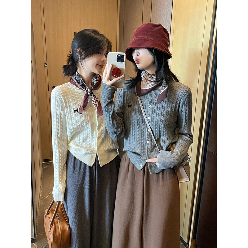 Gray High-End Embroidered Cable Knit Cardigan for Women, Autumn and Winter, Lazy and Soft, Layered Sweater Jacket, Base Layer Top