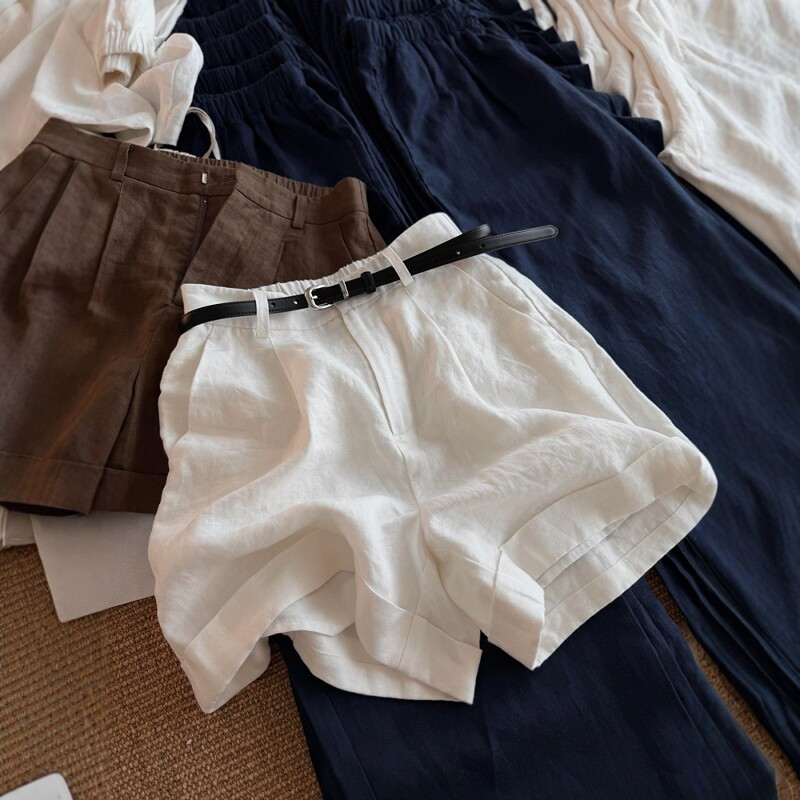 Old Money Style White Cotton and Linen Casual Shorts for Women, Summer Petite High-Waisted Slimming A-Line Wide-Leg Suit Shorts