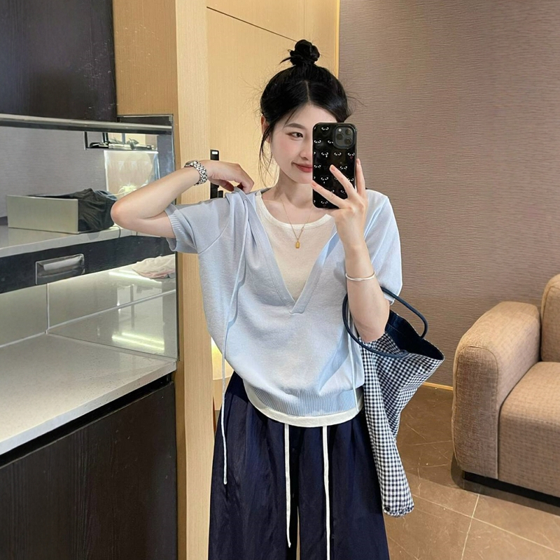 Japanese-Style Thin Fake Two-Piece Hooded Short-Sleeve Knit Top for Women, Summer Blue Ice Silk T-Shirt Sweatshirt, Lazy Style Top