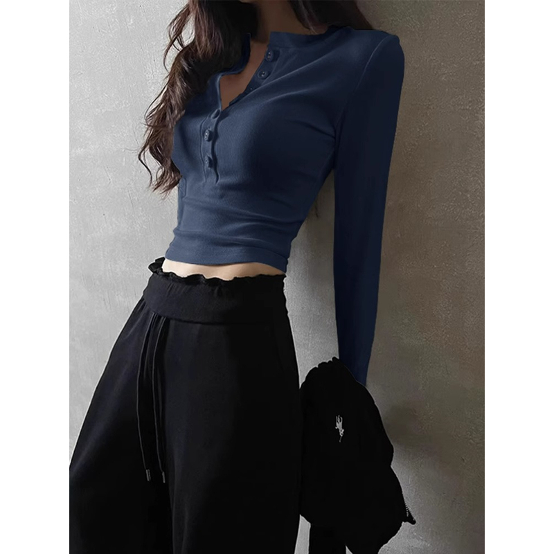 High-End Slim-Fit V-Neck Long-Sleeve T-Shirt for Women, Spring Pure Desire Style, Short Waist-Cinching Inner Top, Base Layer Henley Shirt High-End Slim-Fit V-Neck Long-Sleeve T-Shirt for Women, Spring Pure Desire Style, Short Waist-Cinching Inner Top, Base Layer Henley Shirt