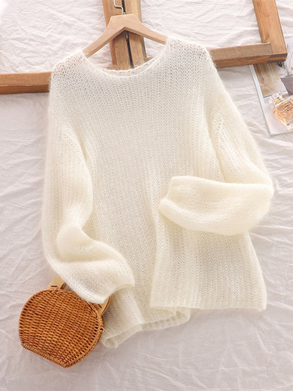 White Hollow-Out Mohair Knit Sweater for Women, Spring Lazy Style, Thin Pullover Top, Loose and Soft Inner Layer