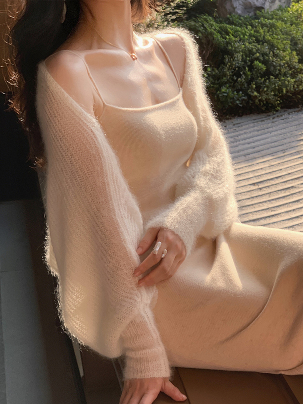 Niche Mohair Lazy Puff Sleeve Knit Top for Women, Spring Gentle Short Shawl Cardigan, Thin Sweater for Layering