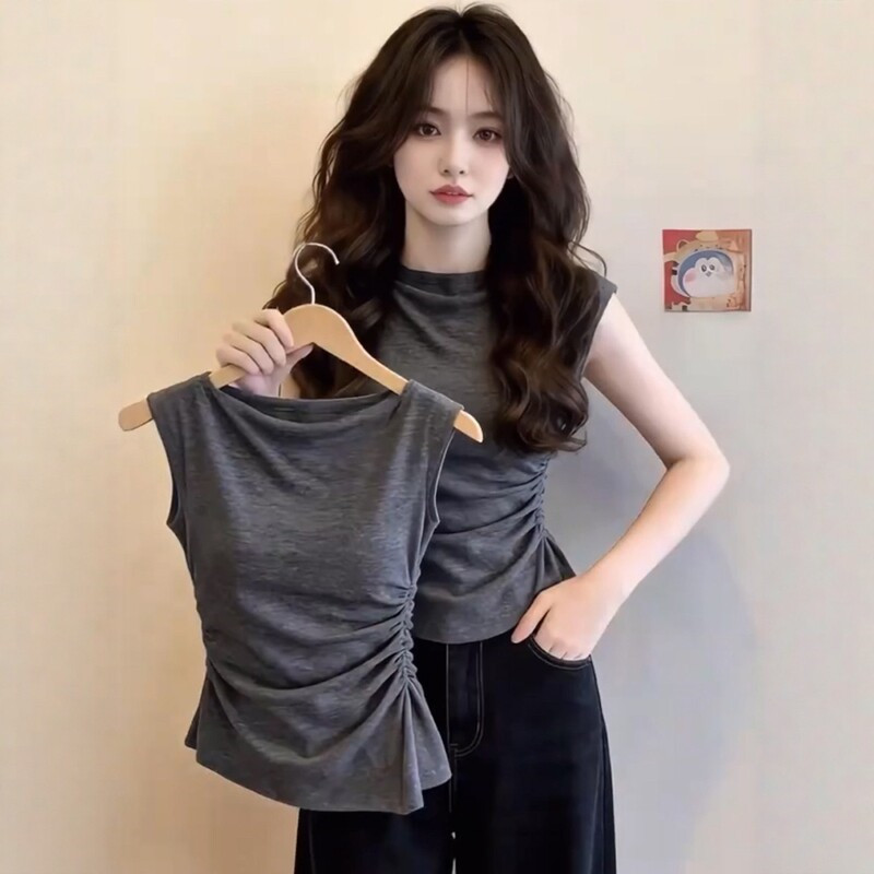 Old Money Style Gray Slim-Fit Sleeveless T-Shirt for Women, Summer Elegant High-End Feel, Waist-Cinching Ruched Flutter Sleeve Top Old Money Style Gray Slim-Fit Sleeveless T-Shirt for Women, Summer Elegant High-End Feel, Waist-Cinching Ruched Flutter Sleeve Top