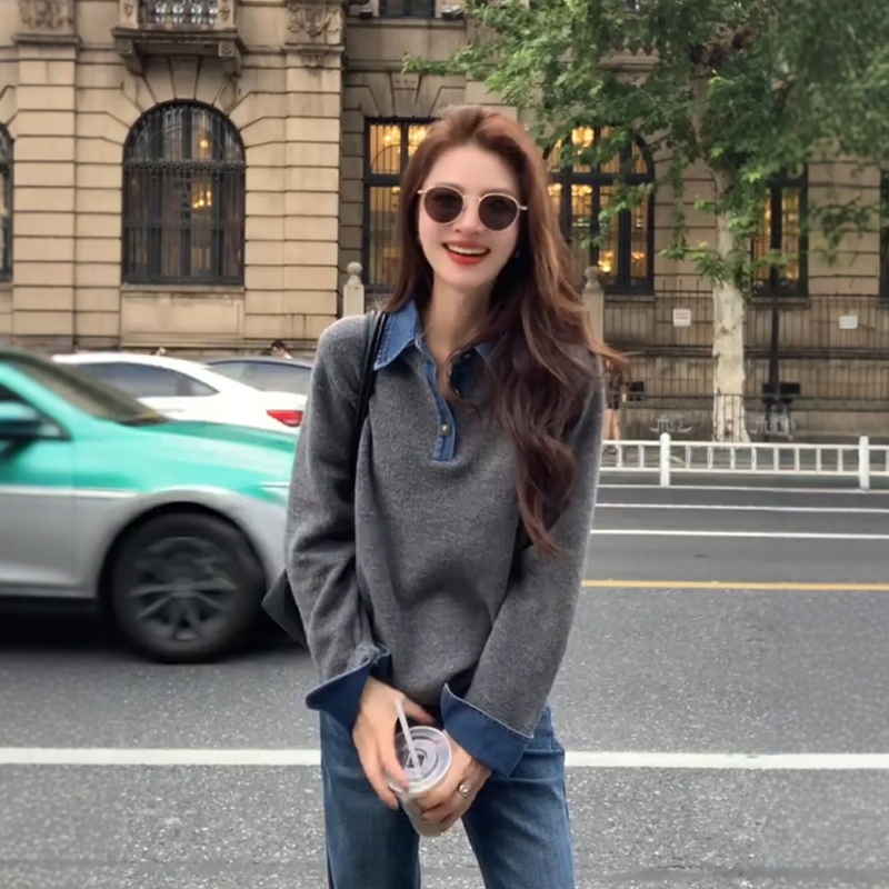 Designer-Inspired Denim Patchwork Gray Polo Collar Sweater for Women, Spring Season High-End Style, Turn-Down Collar Knitwear, Faux Two-Piece Top