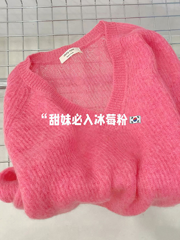 Sweet Pink Mohair V-Neck Knit Sweater for Women, Spring Soft and Thin Sweater, Age-Reducing Lazy Style Inner Top