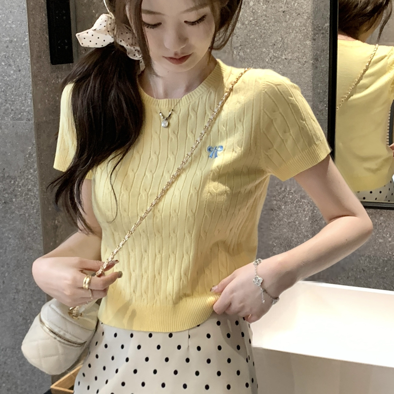 Cream-Colored, Regular Shoulder, Round Neck, Short-Sleeved Knit Top for Women, Spring Thin Style, Chanel-Inspired Embroidered Cable Knit Sweater, Short Top