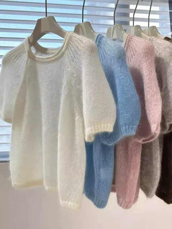 White High-End Mohair Hollow-Out Short-Sleeve Sweater for Women, Autumn Lazy Style Puff Sleeve Knit Top, Thin Style White High-End Mohair Hollow-Out Short-Sleeve Sweater for Women, Autumn Lazy Style Puff Sleeve Knit Top, Thin Style