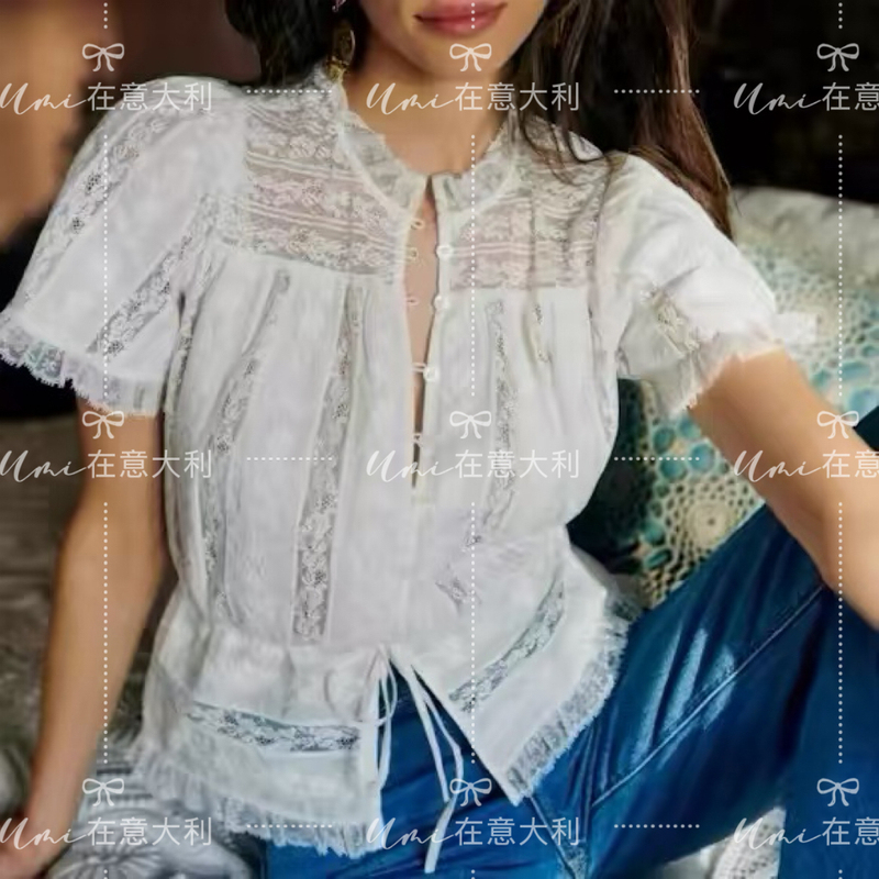 [Umi in Italy] Sezane 2026 New Women's Lace Embroidered Waist-Cinching Shirt with Ruffled Edges and Tie