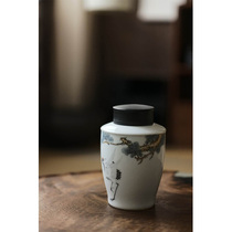 Taicu Lianhuatang Jingdezhen ceramic tea jar hand-painted pine crane tea boat double-layer tin cover seal