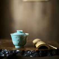  In the beginning of the Lotus Hall ceramic cover bowl Turquoise Green Orchid Tea Bowl depicting Jinkou Mi Yunzhai
