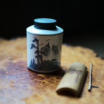 Taichu Lianhuatang pottery mud tea pot tin cover old rock mud tea warehouse blue and white hand-painted tea storage fan mountain Hall