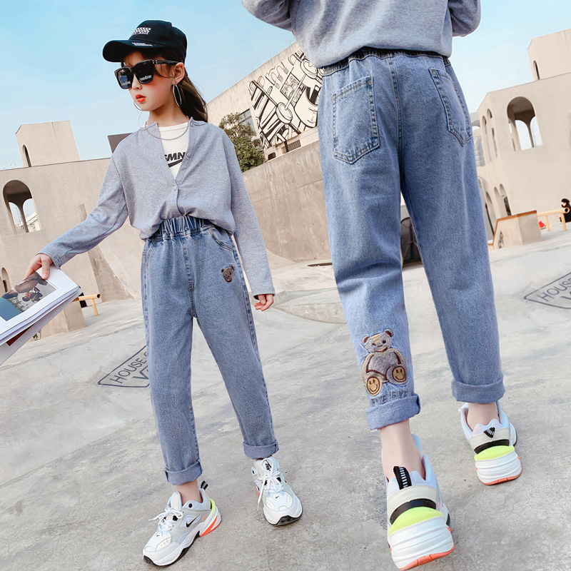 Girls ' jeans wear Foreign style 2021 autumn new style middle and large children's fashion children's loose thin long pants tide