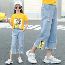Girls denim three-point pants 2021 new summer thin wide-leg pants medium and large childrens Korean loose casual pants