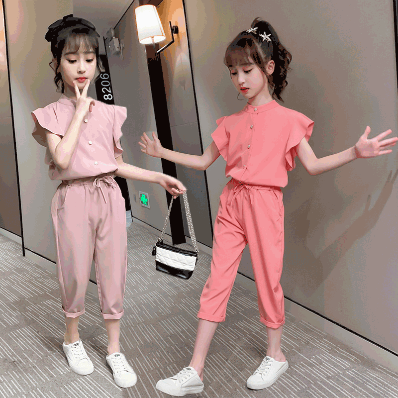 Girls suit 2021 summer new Korean edition children's foreign school Chiffon shirt little girl summer casual two-piece