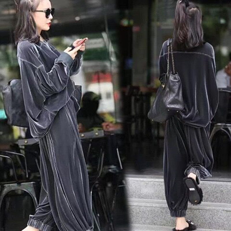 European Station 2026 Autumn Plus-Size Velvet Suit for Women, Fashionable Loose Casual Sports Wide-Leg Pants Two-Piece Set Trendy