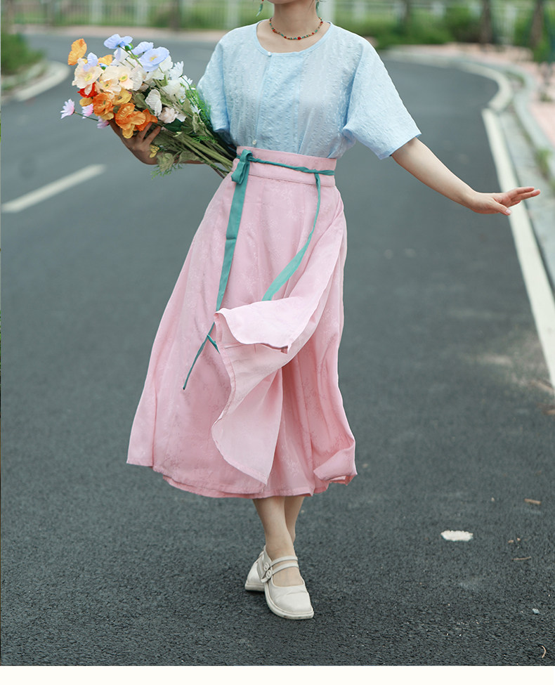 Китайцы одежда наборы 舒雅汉风|唐制圆领半袖衫唐褙子十破裙日常通勤汉服居家汉服蓝