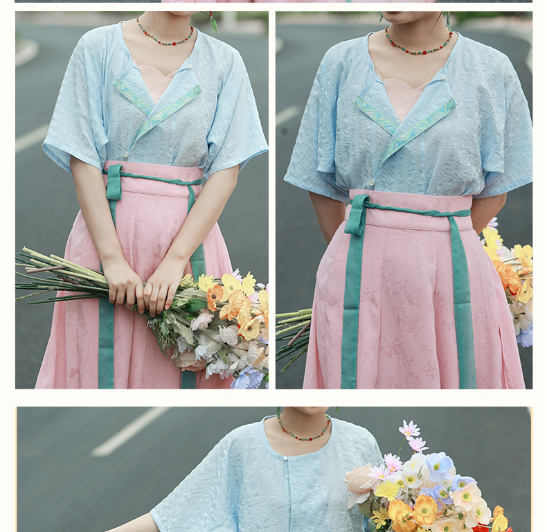 Китайцы одежда наборы 舒雅汉风|唐制圆领半袖衫唐褙子十破裙日常通勤汉服居家汉服蓝