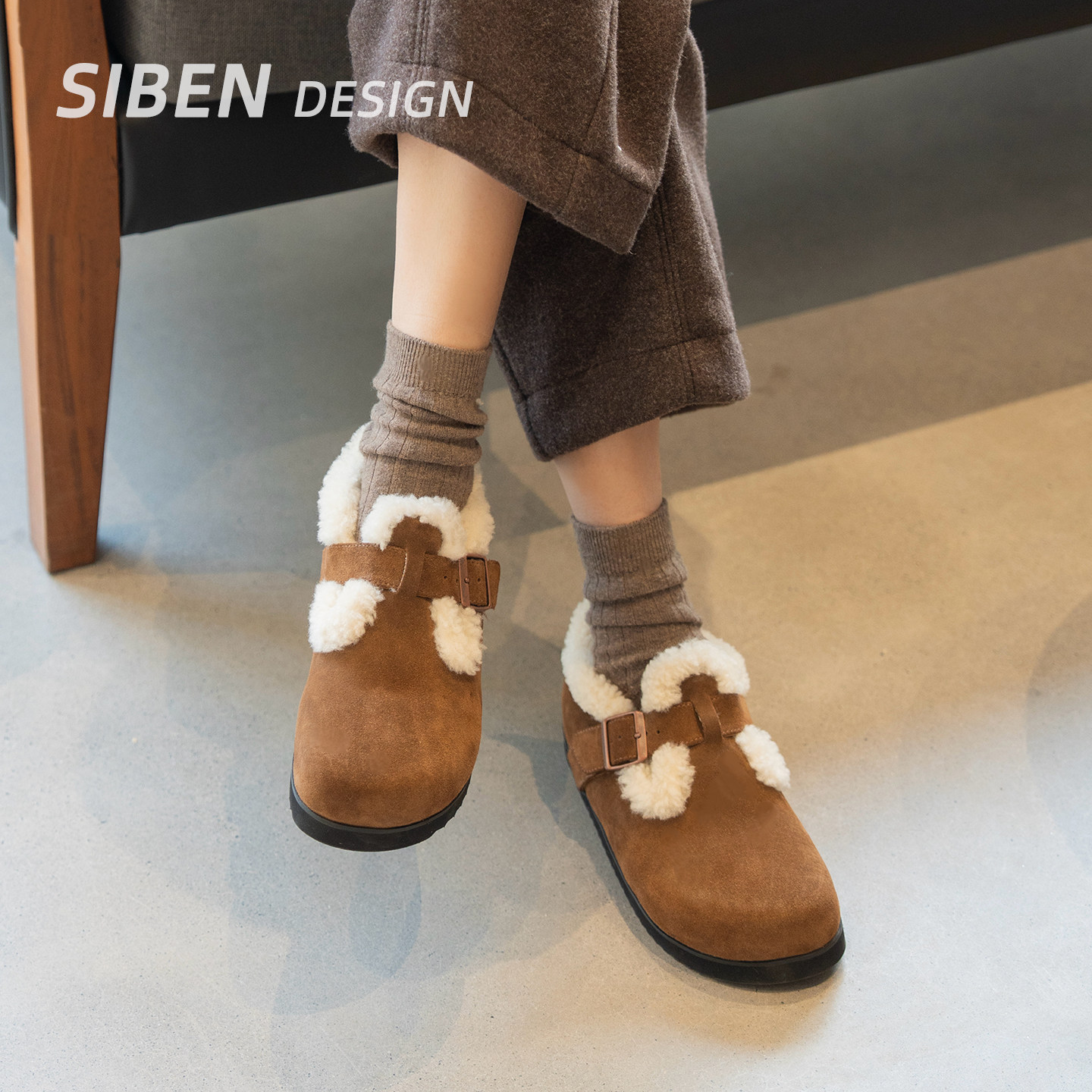 Цельная теплая обувь birkenstock из овчины и шерсти для побега домой; новинка зимы 2025 года; женские кожаные шерстяные туфли на толстой подошве, увеличивающие рост Изображение 1