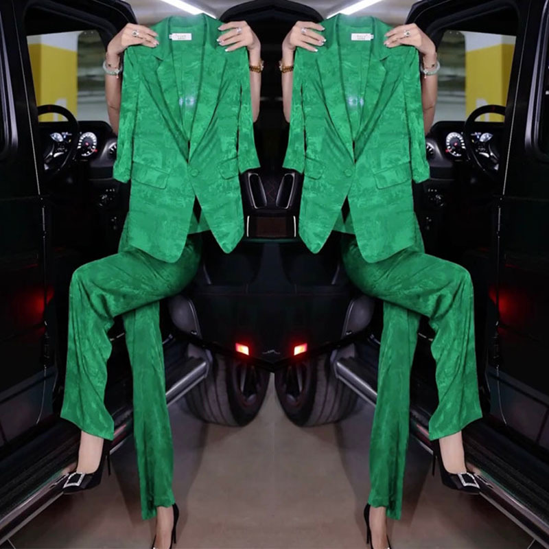 Trendy Fashion Suit for Women 2022 Summer New Style High-End Solid Color Slimming Jacket + Wide-Leg Pants