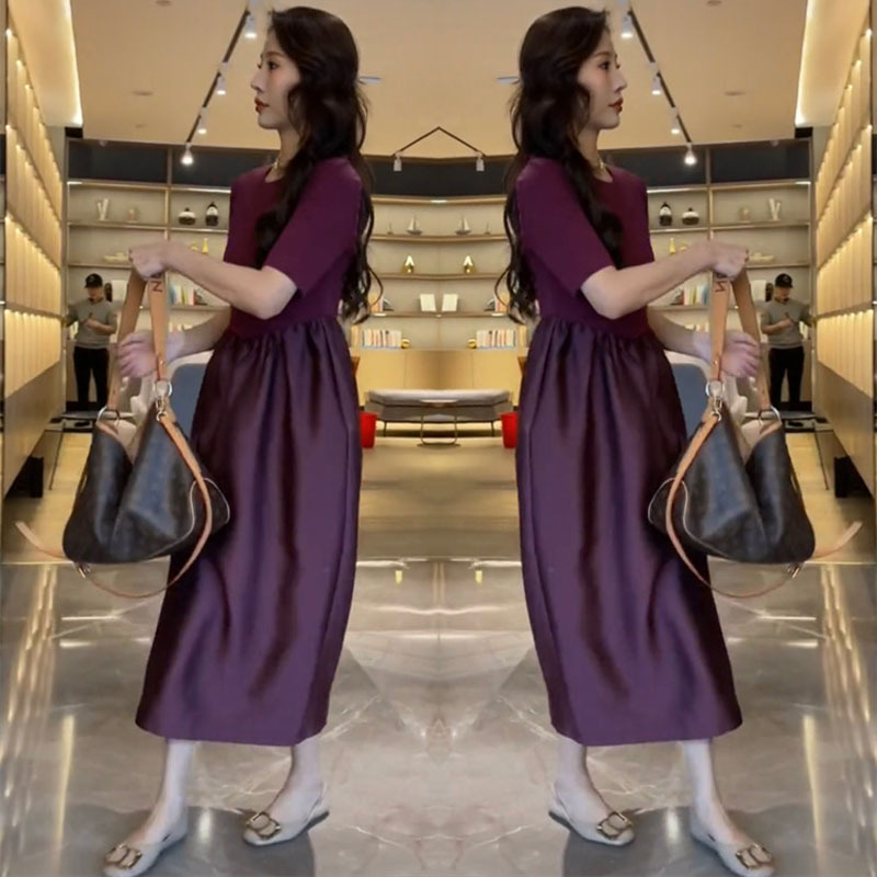 Tiktok Trending Petite Dress for Women 2023 Summer New Stylish Purple Backless Waist-Cinching Slimming Mid-Length Dress