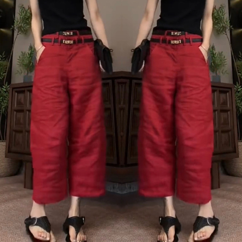 2026 Summer New Trendy Linen Casual Wide-Leg Pants for Women, Elegant Red Double Belt Loose Slimming Cropped Pants