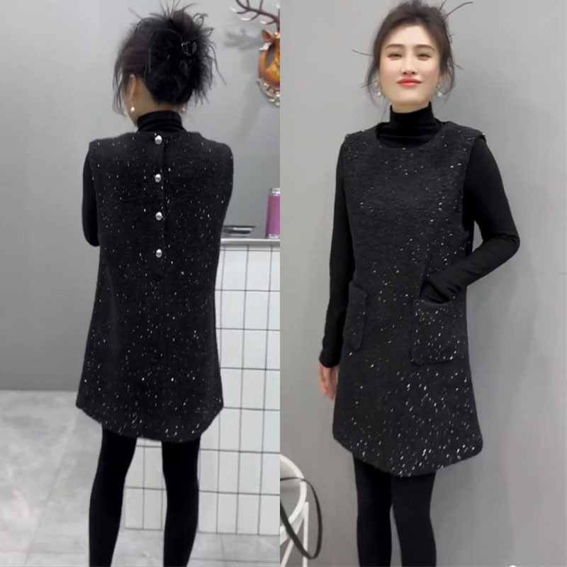 High-End Internet Celebrity Popular Style Socialite Outfit Set for Women 2024 Autumn and Winter New Sequined Back-Button Sleeveless Dress + Blouse
