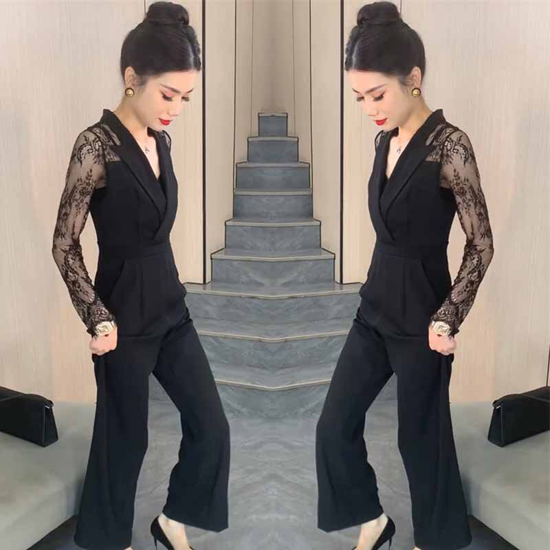 2024 Spring Internet Celebrity New Fashion Petite Women's Jumpsuit with Suit Collar and Lace Trim, Slimming One-Piece Pants