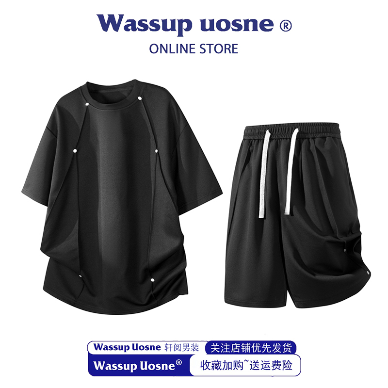 Wassup Uosne Three-Dimensional Rivet Short-Sleeved Shorts Suit Men's Summer Casual Loose Large Size T-Shirt Set