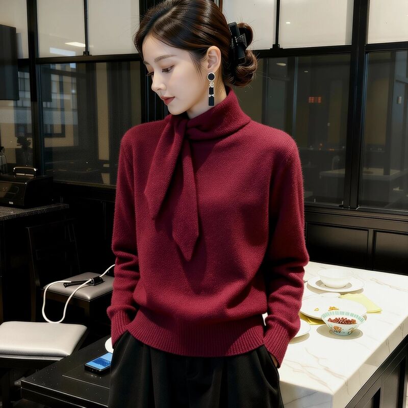 Lightly Mature Style High-Neck Tie-Up Knit Sweater for Women, Burgundy Pullover Sweater with a High-End Feel, Inner Layer Top Lightly Mature Style High-Neck Tie-Up Knit Sweater for Women, Burgundy Pullover Sweater with a High-End Feel, Inner Layer Top