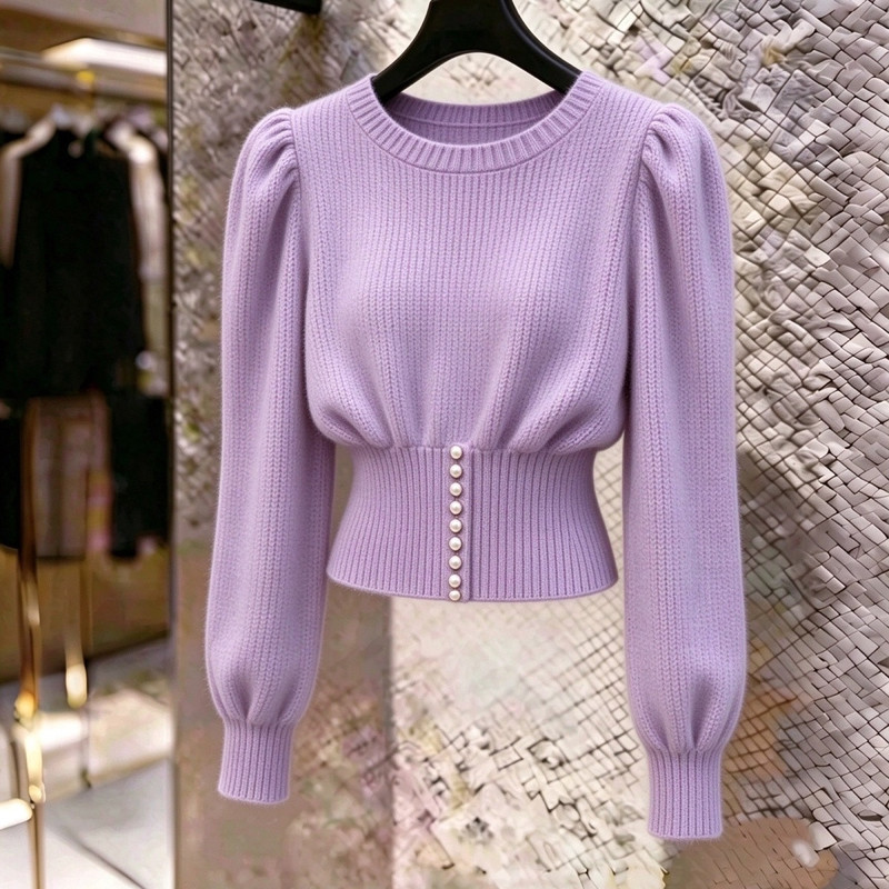 New Style Round Neck Long-Sleeved Knitted Top for Women with Puff Sleeves, Waist-Cinching Short Sweater, Elegant Slim Fit Inner Layering Shirt
