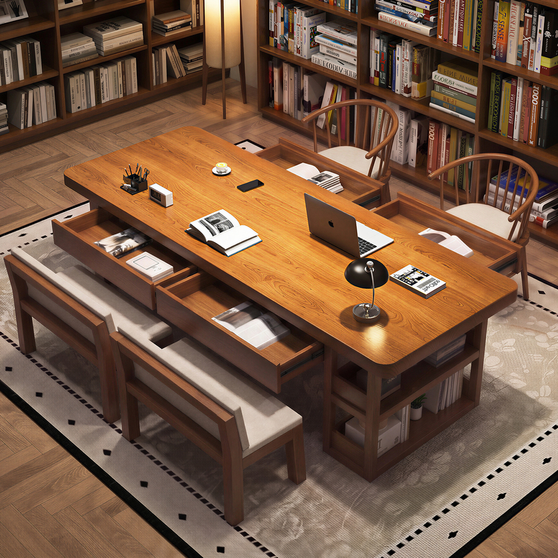 Large Rectangular Desk with Sofa, Solid Wood with Drawers, Suitable for Home Study or Office Use, Transforming the Living Room into a Functional Workspace