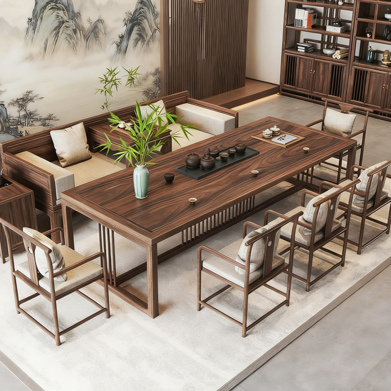 Luohan Bed Tea Table and Chair Set, Walnut Wood, Song-Style Aesthetics, Solid Wood Sofa, Tea Brewing Table, Office Tea Room, Zen Tea Table