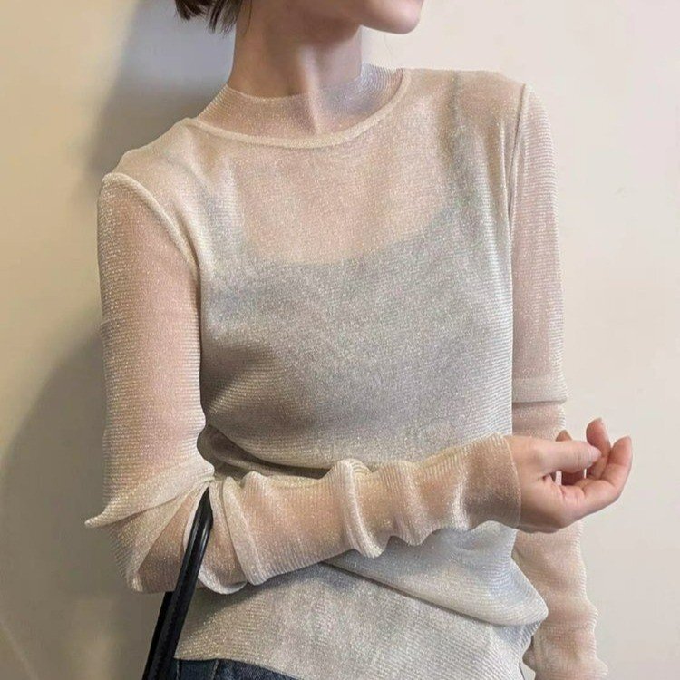 Korean-Style Round-Neck Slightly Sheer Tulle with Shiny Silk, Stretchy Double-Layer Mesh, Slimming Base Shirt, Stylish Inner Top, Trendy