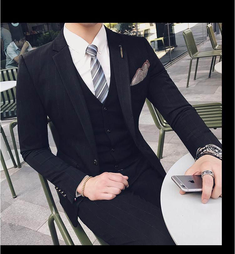 Thu đông phiên bản Hàn Quốc của Slim xu hướng giản dị sọc chú rể phù hợp với đám cưới Phù hợp với kiểu tóc phù hợp với nam ba mảnh bộ vest nam