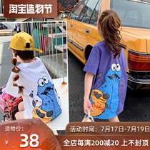 Girls  medium-long t-shirt 2021 summer new large childrens short-sleeved top pure cotton Western style loose base shirt