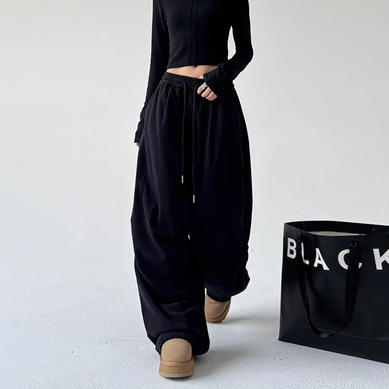 Plus Size Fat Girl American Style Black Sweatpants Women's Spring 2025 New Jazz Dance Pants Women's High Street Wide-Leg Sweatpants