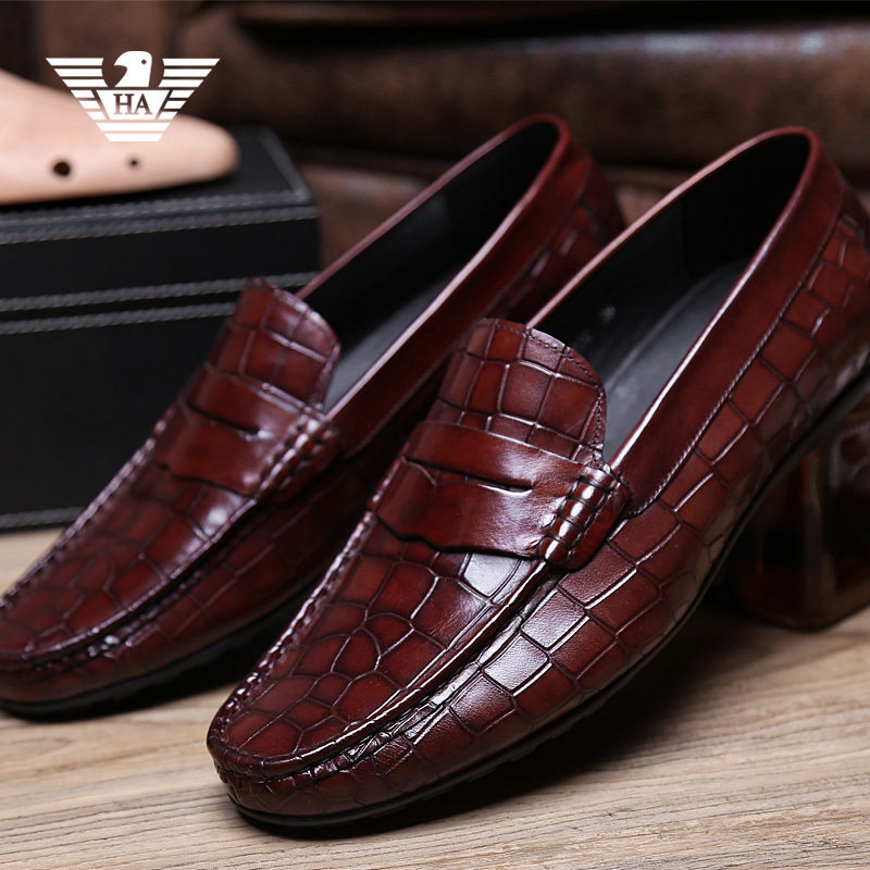 Italian European station beanie shoes men's autumn breathable leather business casual crocodile pattern lazy low-top driving trendy shoes