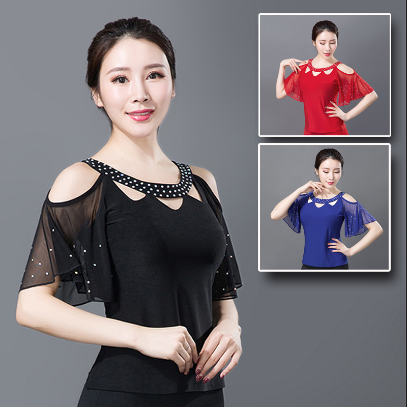 Latin dance women's blouses dance performance practice Costume Women Adults New Short Sleeves National Mark Dance Piazza Dancing Blouses