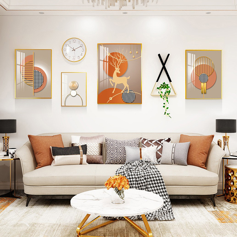 Living room decorative painting modern minimalist sofa background wall Nordic creative triple hanging painting atmospheric light luxury crystal porcelain mural