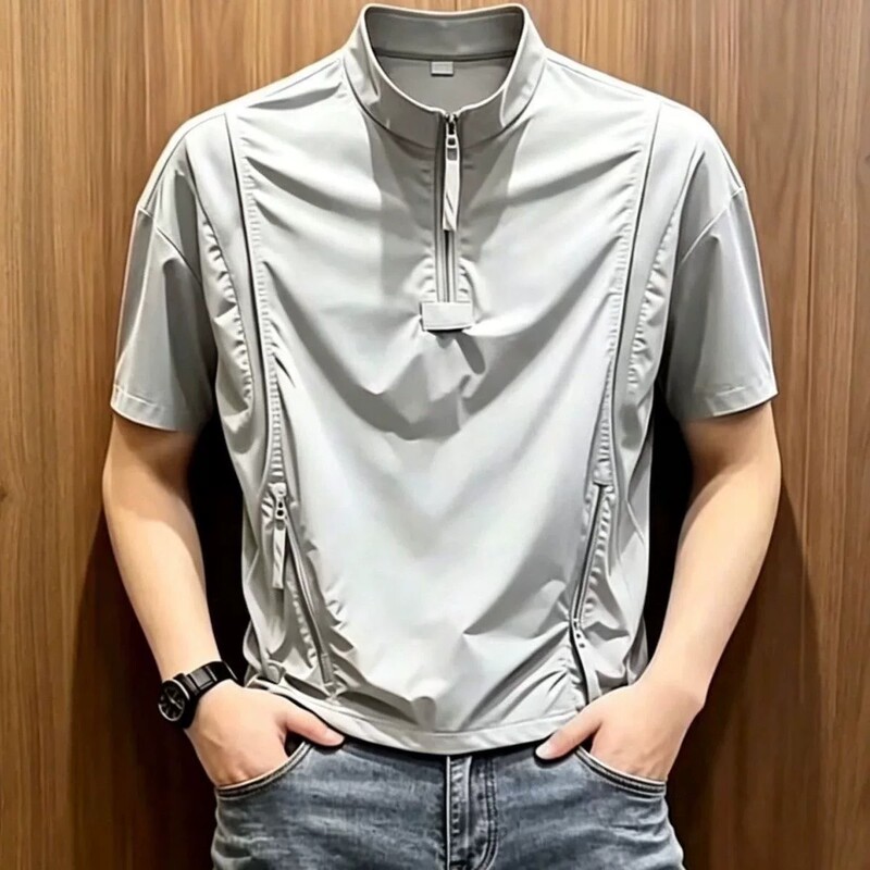 Half-Zip Functional Quick-Drying Short-Sleeve T-Shirt for Men and Women, Summer Thin Outdoor Sports Stand-Up Collar Breathable and Cool Half-Sleeve