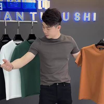 Summer fashion slimming solid color stretch short-sleeved T-shirt for men, pure cotton breathable and trendy round neck versatile base layer T-shirt