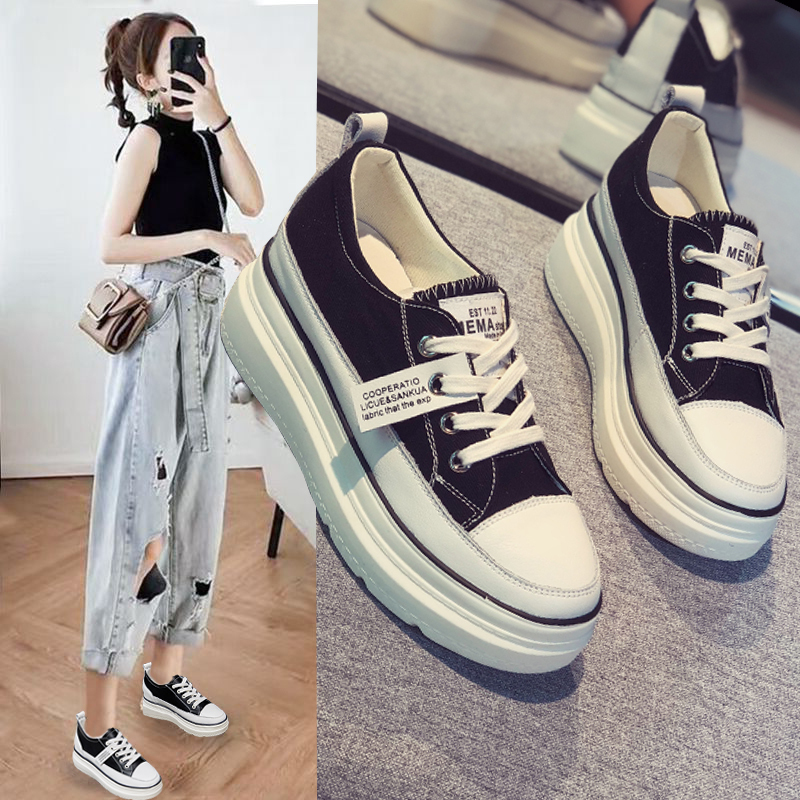 Canvas Woman 2022 Spring Summer New thick bottom pine pastry shoes Nets heightening small white shoes net red 100 hitch Boom Wave Shoes