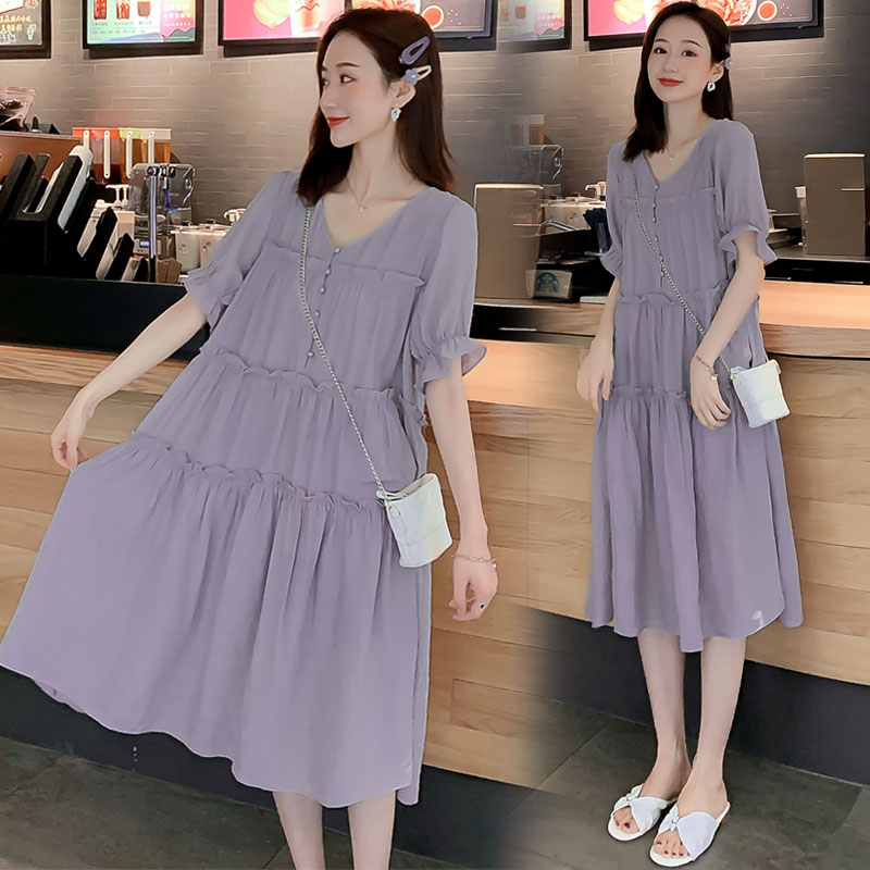 Pregnant women's clothing summer slim fit outside wearing short sleeve foreign style fashion models V collar mid-length skirt number Summer foreign dress women